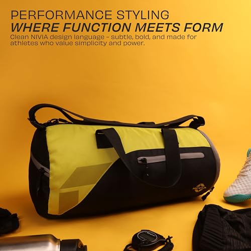 Image of Nivia Fuse Gym Duffle Bag for Men and Women, 25L Lightweight Training and Travel Bag with Shoe Compartment, Quick Access Pockets, and Adjustable Strap, Designed for Athletes, Travel (Black /Yellow)