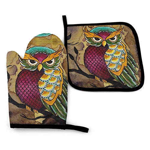 Funny Oven Mitt and Pot Holders Set Cute Color Owls Heat Resistant Kitchen Microwave Gloves Flame Oven Mitt Set Grilling Gadgets to Protect Hands Surfaces for Men Women