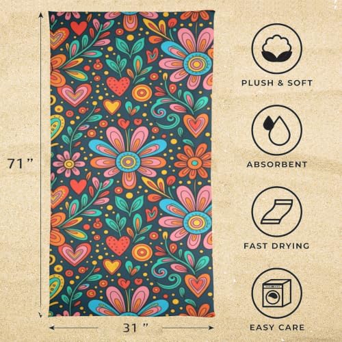 Toalla de baño portátil Boho Folk Art Floral Heart para playa, sobredimensionada, suave, super absorbente y de secado rápido, multipropósito para deportes, fitness y yoga, 31" x 71" miniatura 3