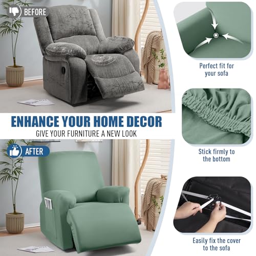 Image of TAOCOCO Stretch Recliner Chair Covers 3-Pieces Solid Furniture Covers Recliner Cover for Reclining Chair Slipcovers Feature Fitted Soft Washable Recliner Sofa Covers (1 Seat, Bean Green)