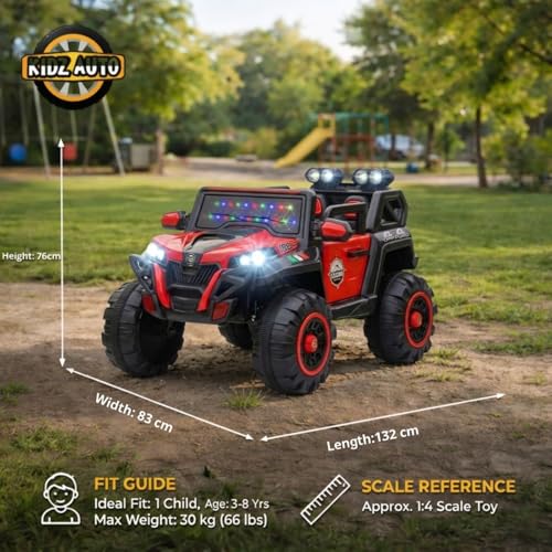 Image of KAB J 2188 Rechargeable Battery Operated Jeep for Kids with Remote Control | Electric Ride-On Toy Car with Music, Decorative Lights, Openable Doors, Suspension & Bonnet Lighting | Red