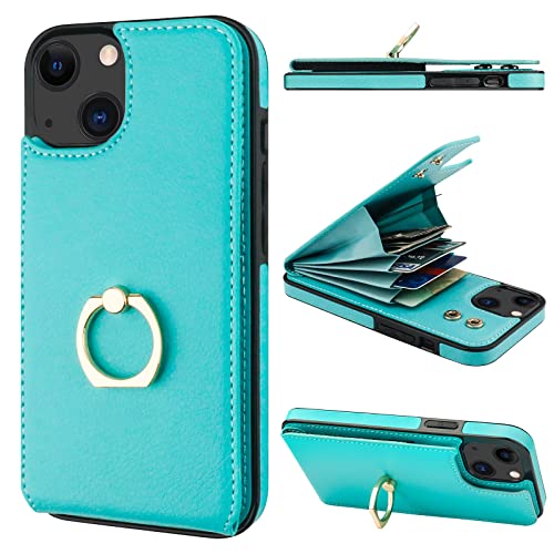 Folosu Compatible with iPhone 14 Case Wallet with Card Holder, 360°Rotation Finger Ring Holder Kickstand, RFID Blocking Leather Protective Double Buttons Shockproof Cover 6.1 Inch Green