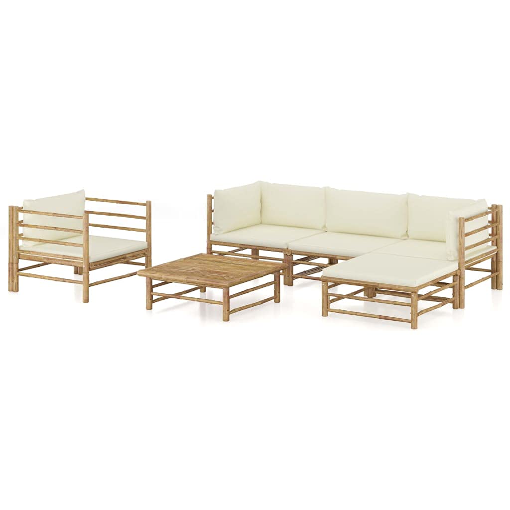 Juego de 6 piezas de bambú de bambú con cojines de color blanco crema, juego modular de muebles para exteriores con fundas de almohada extraíbles y lavables, resistentes y fáciles de cambiar