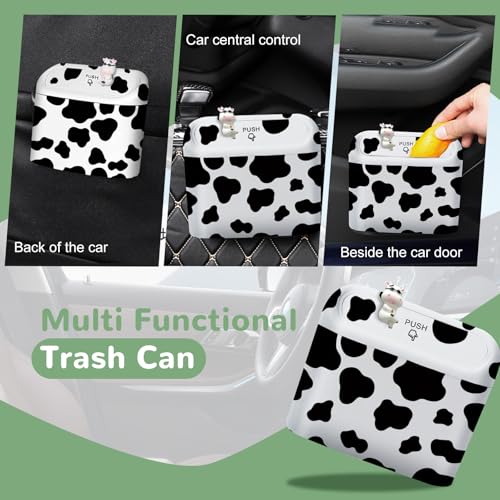 Image of CusDusk 2 PCS Cow Print Car Trash Can With Lid, Cattle Hanging Waterproof Garbage Organizer Holder with Two Black Trash Bag Rolls, Automotive Storage Container Dustbin for Most Vehicles