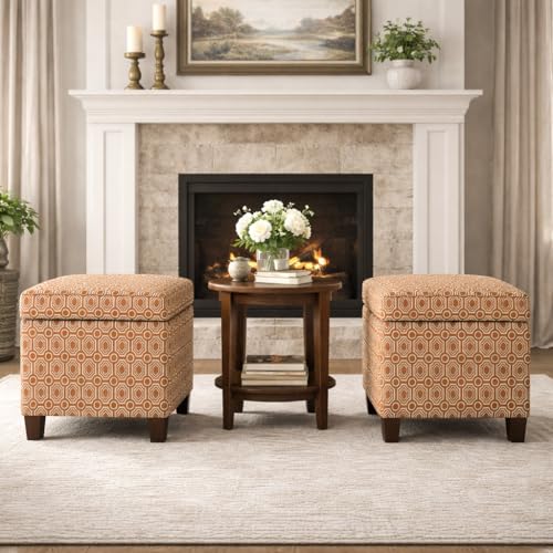 Image of HomePop Upholstered Storage Cube Ottoman with Hinged Lid, Orange Geometric 17 inch x 17 inch x 18 inch