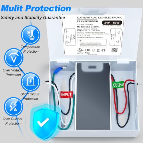 Image of UL-Listed Dimmable LED Driver 60W 24V with Removable Junction Box, Triac /ELV /MLV Transformer for LED and Halogen Lighting, Compatible with Lutron & Leviton Dimmers for Indoor /Outdoor Applications