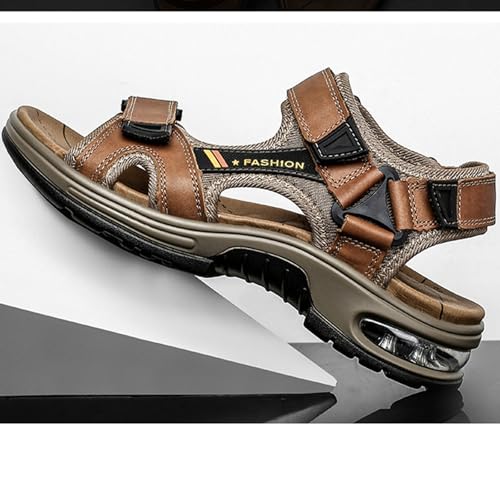 MILDSEVEN Men's Hiking Real Leather Sandals, Breathable Classics Sports Open-Toe Sandals, Fashion Outdoor Backpacking Beach Shoes,8,Brown2