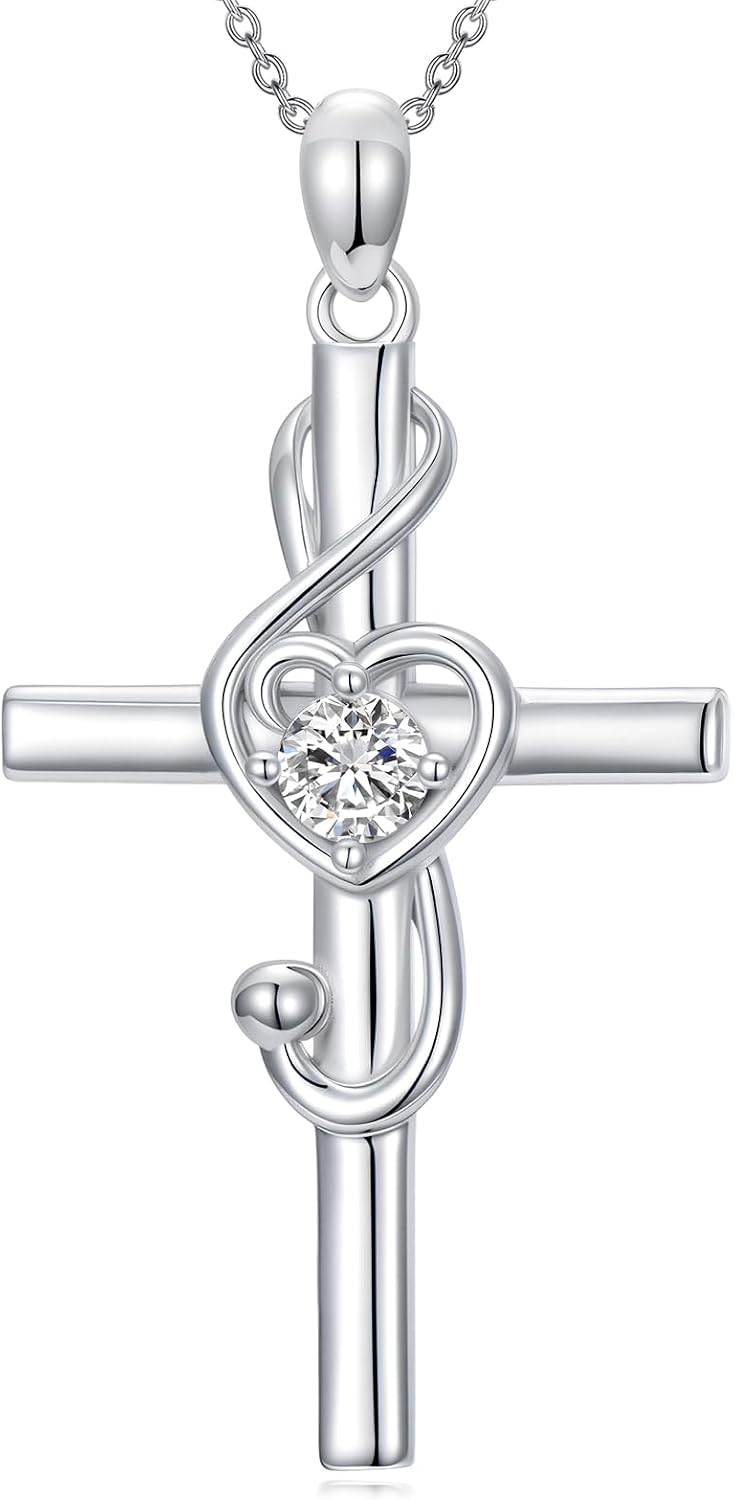 Music Note Necklace 925 Sterling Silver Cross Treble Clef Pendant Necklace Music Jewelry for Women Christmas Gifts