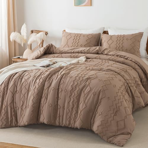 Image of Andency Taupe Tufted Comforter Set Full(79x90Inch), 3 Pieces(1 Boho Comforter, 2 Pillowcases) Textured Farmhouse Bed, Soft Down Alternative Geometric Bedding Set