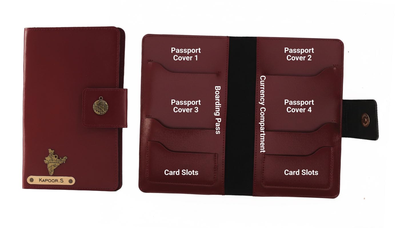 Personalized Name & Charm Leather Family Passport Cover for 4 with (Wine) Passport Boarding Pass Currency Card Slot & Coin Holder for Men & Women | Family Passport Cover