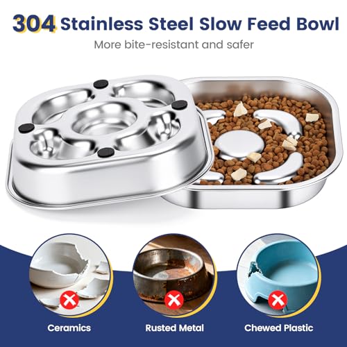 PETTOM Antischlingnapf Hunde Edelstahl, Anti Schling Napf Hund 23 * 23cm, Slow Feeder Hundenapf rutschfest Spülmaschinenfest für Große und Mittelgroße Hunde