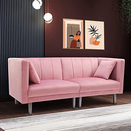 Modern Velvet Fabric Sofa Bed Futon With 2 Pillows,Couch With 3 Adjustable Angles,Convertible Small Loveseat Folding Sleeper Sofa Bed For Compact Living Spaces,Bedroom,Apartment,Office Dorms (Pink) #TOP2