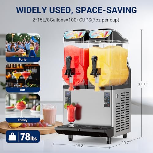 Image of Slushie Machine Commercial, 4Galx2 Tanks Frozen Drink Machine, 110V Stainless Steel Margarita Slushie Maker for Restaurant Bar Home Party Cocktail Alcohol Beverage Wine, 8Gal /30L