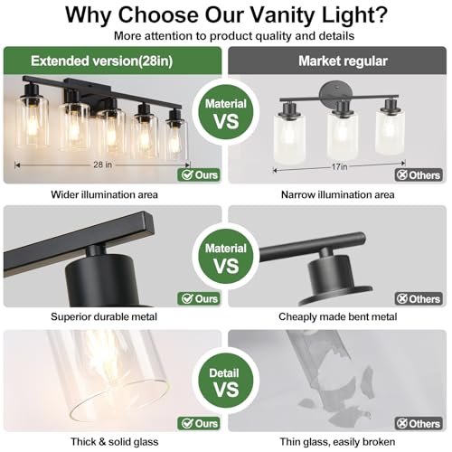 Image of MOKATNG 5-Light Bathroom Light Fixtures, Vanity Light with Clear Glass Shades, Matte Black Bathroom Light Fixtures Over Mirror, Modern Bathroom Wall Lamp for Mirror Living Room Cabinet Bedroom