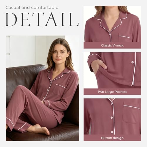 Image of HEARTNICE Womens Pajama Set, Soft Long Sleeve Pajamas & Long Pants with Pockets, Button-up Sleepwear Lounge Pjs
