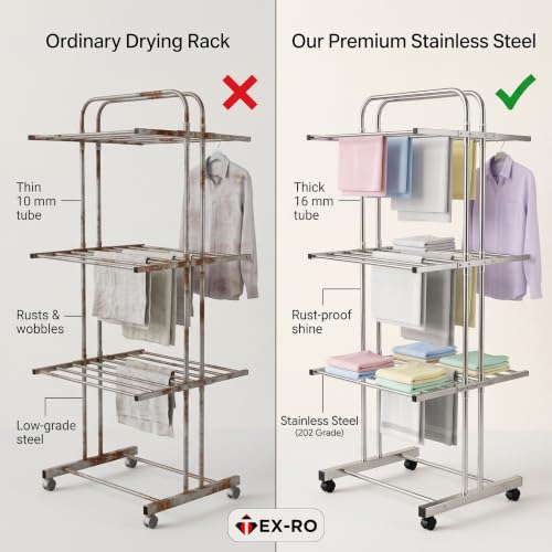 Image of TEX-RO 3 Layer Stainless Steel Clothes Drying Stand with Wheels - Heavy Duty Rust-Proof Foldable Cloth Dryer Stand for Balcony & Bedroom, Cloth Stand for Drying Clothes, Clothes Drying Rack