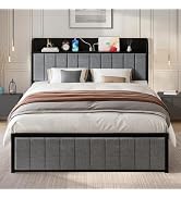 Vecelo Bed Frame 140 x 200 cm with Charging Station and Storage Space, Upholstered Bed Double Metal Bed with...