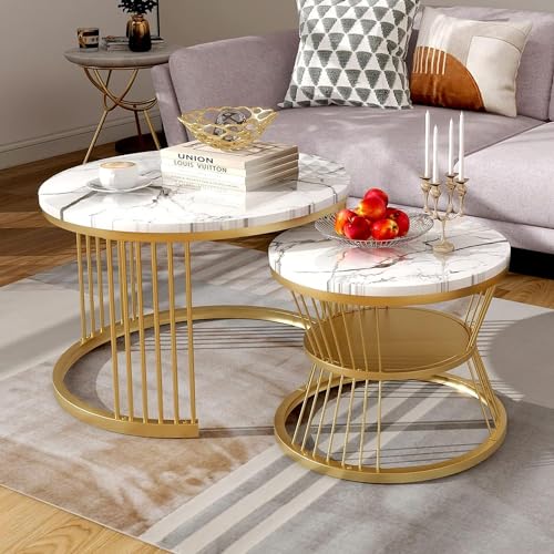 Image of Round Coffee Table, Modern Nestings Table Set of 2, Sofa Side Table with Marble Veneer Top and Metal Frame, End Table for Living Room Bedroom Home or Office (Gold White)