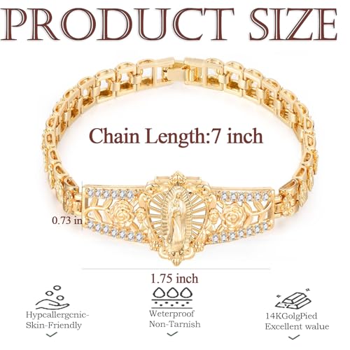 14K Gold Plated Virgin Mary Bracelet for Women – Hypoallergenic Non Tarnish Catholic Jewelry, Dainty Stainless Steel Cubic Zirconia Religious Bracelet, Baptism Gifts for Her3