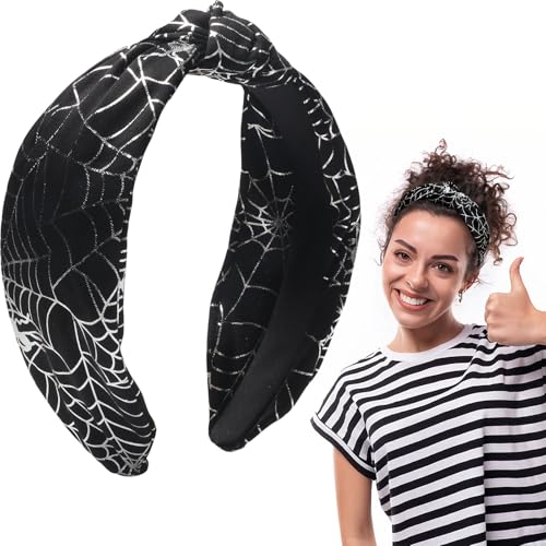 HAIMITI Halloween Headband Silver Spider Web Hair Accessories Black Funny Hair Bands Non Slip Knotted Wide Head Bands For Women's Hair Halloween Costume Party Supplies Decoration 1pcs