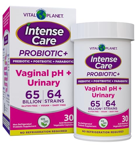 Vital Planet - Intense Care Vaginal pH & Urinary Probiotics for Women Plus Organic Prebiotics, Postbiotics, and Parabiotics, 65 Billion CFU and 64 Strains, Immune and Digestive Health 30 ct