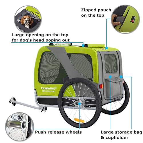 DOGGYHUT® Premium Large Hundefahrradanhänger bis 35 kg Hundeanhänger Fahrradanhänger für Hunde mittelgroße und große Hunde 80102 (GRÜN)