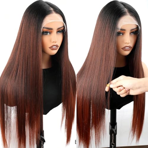 KPROYU Synthetic Lace Front Wig Ombre Reddish Brown 30 Inch Synthetic Wigs For Black Women 13X4X1 HD Lace Front Wigs Pre Plucked with Baby Hair Glueless Wig Ready to Wear
