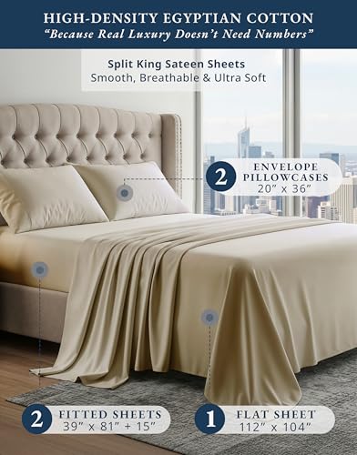 Image of LANE LINEN Sleep Number Split King Sheets Egyptian Cotton Sateen - Linen | Split King Cotton Sheets - 5-Piece Set, For Guests And Everyday Use, For A Silky Hotel-Style Bed, Luxe Sheen, Plush