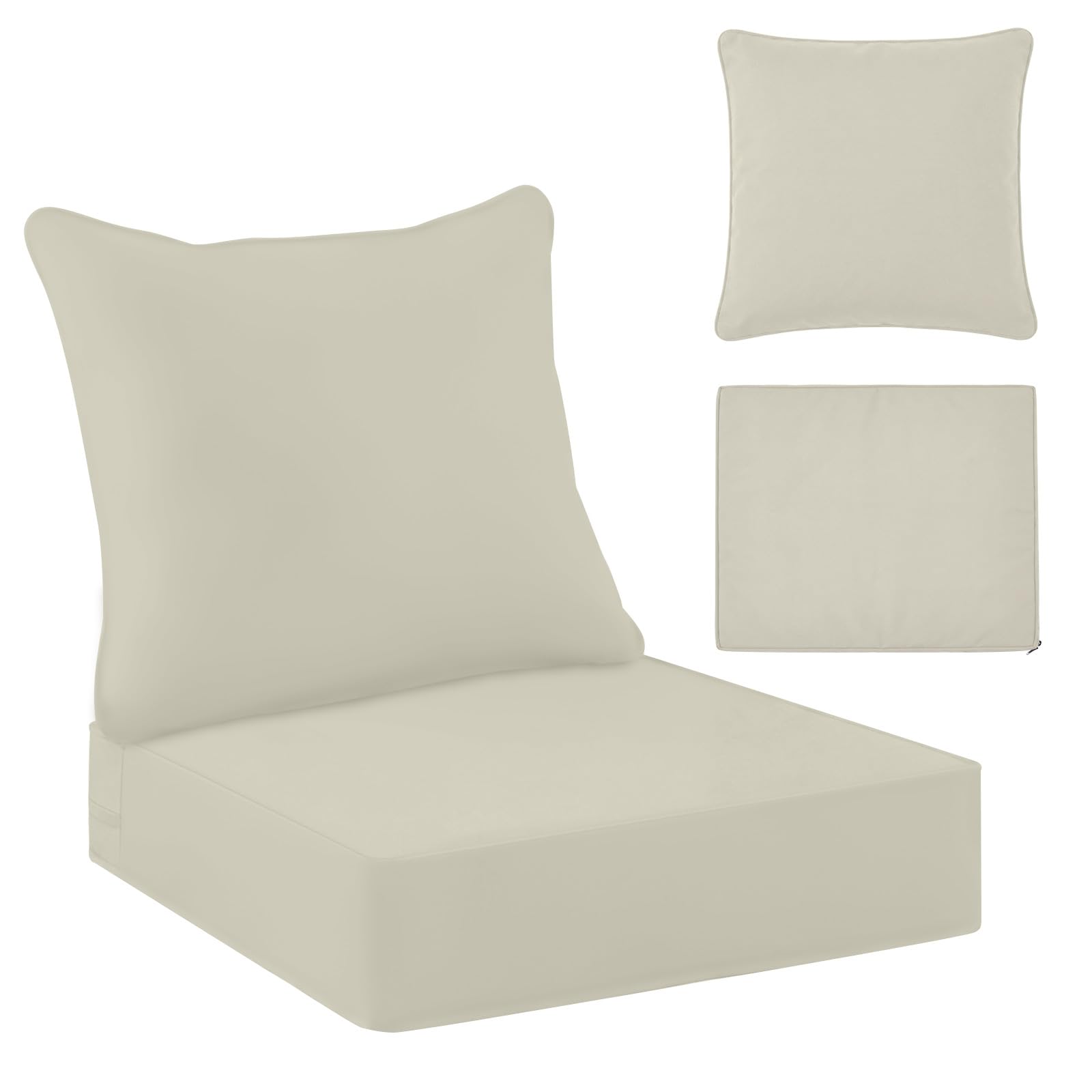 Photo 1 of [CLERK NOTES] Tingjoo 1 Set 24x24x4 Inch Outdoor Chair Cushions Covers, Waterproof UV Resistant Patio Cushion Replacement Seat Slipcovers, and 24 x 20 Back Covers with Zipper for Furniture, Deep Seat Sofa (Beige)