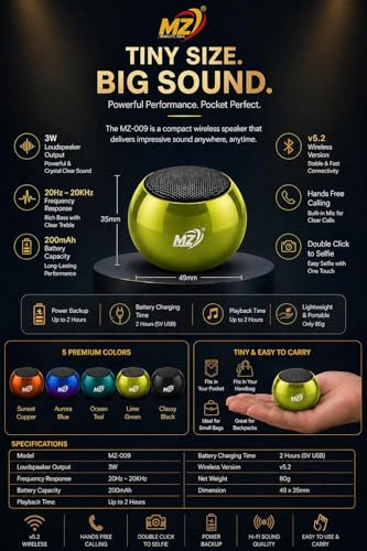 Image of Mini Bluetooth Speaker 3W Portable Wireless Speaker with Deep Bass, Bluetooth 5.2, Built-in Mic, Pocket Size Sound Box, 2 Hours Playtime, Ultra Compact (Lime Green)