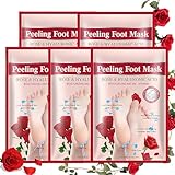 5Pcs Foot Peel Mask for Dry Cracked Feet, Rose Extract Moisturizing Foot Masks, Exfoliating Foot Peeling Socks for Women & Men, Hydrating Foot Mask for Soft Smooth Feet Spa at Home