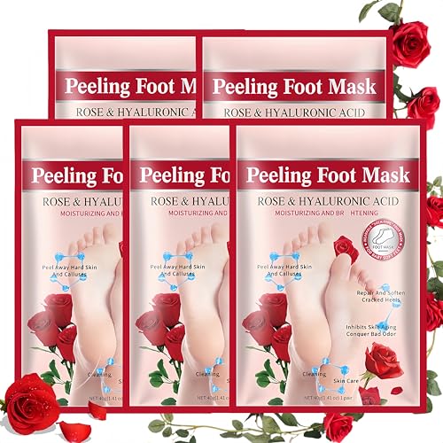 5Pcs Foot Peel Mask for Dry Cracked Feet, Rose Extract Moisturizing Foot Masks, Exfoliating Foot Peeling Socks for Women & Men, Hydrating Foot Mask for Soft Smooth Feet Spa at Home