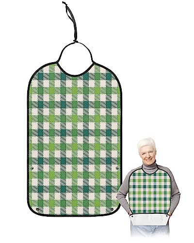 St. Patrick's Day Adult Bibs for Eating, Waterproof Bibs with Food Catcher & Adjustable Snap Closure, Vintage Green White Buffalo Plaid Washable Clothing Protectors Adult Bibs for Elderly Women/Men
