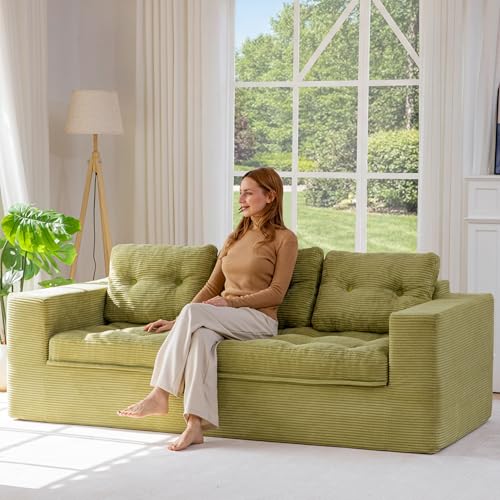 Image of MAXYOYO 79 inch Loveseat Sofa Couch for Small Spaces, Upholstered Boneless Cloud Couch for Apartment Bedroom, 2-Seater Love Seat Floor Modern Sofa with Pillows, No Assembly Required, Green