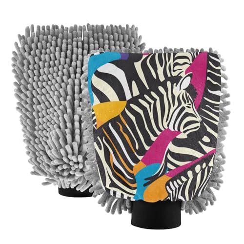 IOACIY Absorbent Microfiber Car Wash Drying Mitts, 2 Pack, Scratch-Free & Lint-Free, Rich Foam, Highly Absorbent, Double Sided, Wash Mitt Perfect for Car Washing, M, Zebra (1)