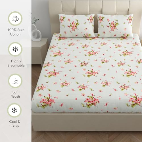 Image of LINENWALAS 100% Cotton Fitted Bed Sheet for Single Size Bed, Printed All Around Elastic Bedsheet (36 x 78 Inches) with 1 Pillow Covers | 210 TC Soft, Breathable, Luxury Bedsheet (Coral Garden)