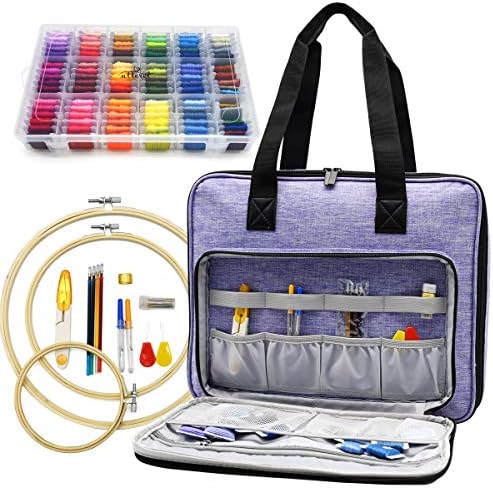 ATTERET Full Range Embroidery and Cross Stitch Starter Kit with Premium Storage Organizer Bag, Includes 99 DMC Coded Cotton Threads, 9 Metallic Floss, 3 Hoops, Needles, Scissors + More (Purple)