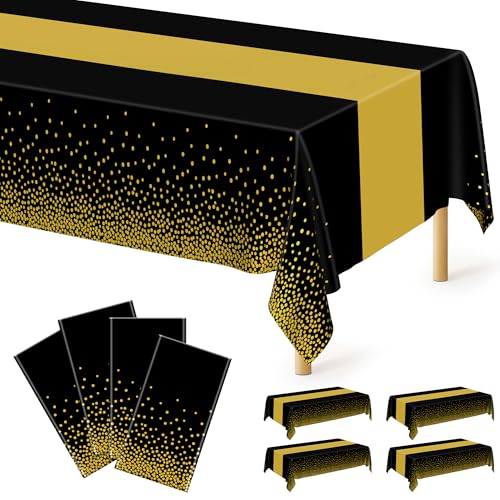 Image of 4Pack Black and Gold Tablecloths for Events, 54 inch x 108 inch Plastic Table Cloth Disposable for Rectangle Tables, Waterproof Table Cloth Cover for New Years Eve Decorations Holiday Birthday Wedding Dining