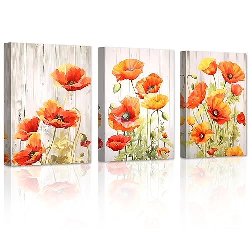 LZIMU Elegant Poppies Canvas Wall Art 3 Pieces Orange Poppy Flower Blossom Picture Prints Rustic Wood Background Artwork for Bathroom Office Kitchen Decor Framed (Poppy-1