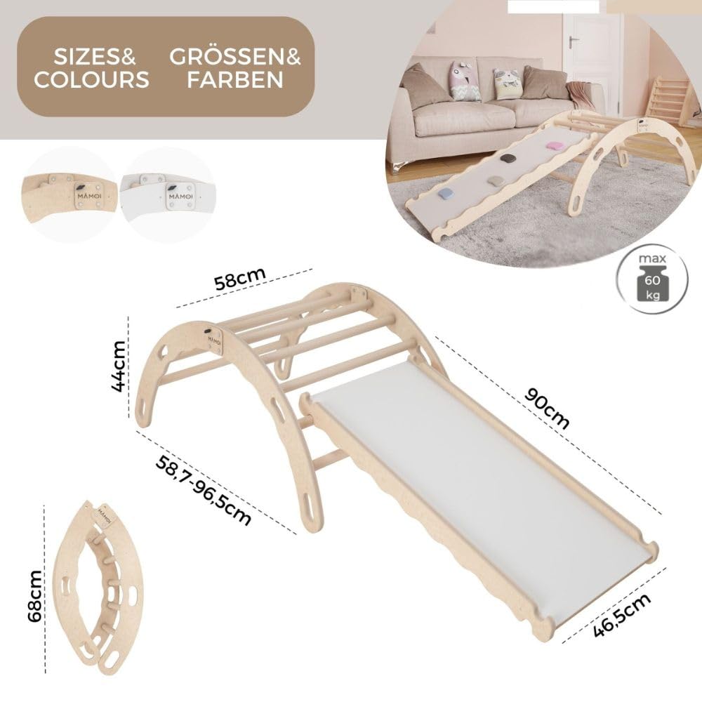 MAMOI® Kletterbogen mit Rutsche, Kletterdreieck, Klettern, Klettergerüst aus Holz, Holzbogen, Rutschbrett für Spielplatz, Klettergerüst Indoor