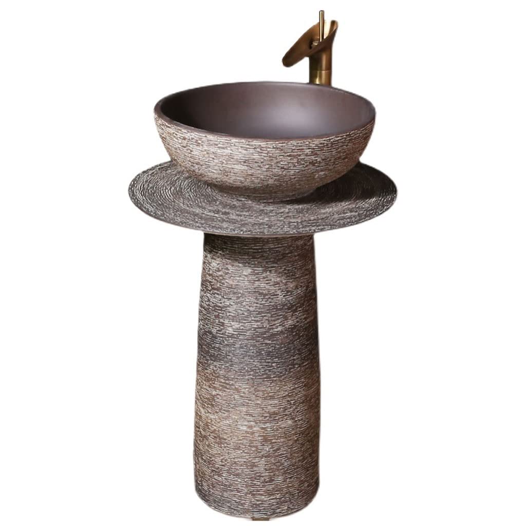 NEBE Bathroom Sink Ceramic Pedestal Sink Freestanding Bathroom One-Piece Combo Brown with Faucet