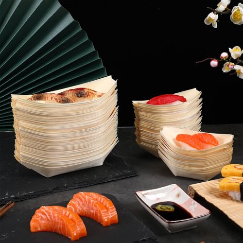 Set de 100 botes desechables de sushi de madera natural miniatura 3