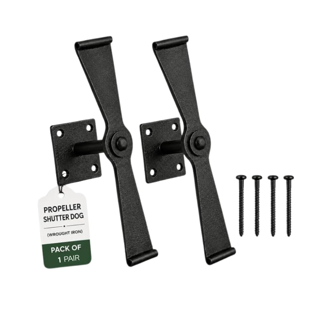 Renovators Supply Manufacturing Shutter Dogs Pair 5.75 in. Black Wrought Iron Propeller Design Shutter Dogs with Mounting Hardware