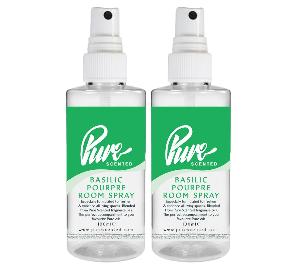 "Pure Scented 200ml Room & Fabric Sprays 2 x 100ml Suitable For Home, Car, Caravan, Work, Gym Bags, Odour Eliminators (2 x 100ml, Basilic Pourpre)"