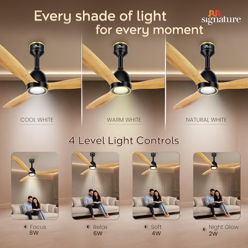 Image of RR Signature COMFYGLOW 1250mm BLDC Underlight Ceiling Fan with 100% Pure Copper Motor - 35W | 350 RPM High Speed | Remote Control & LED Light | 3 Light Modes | 3 Year Warranty - Pine Wood