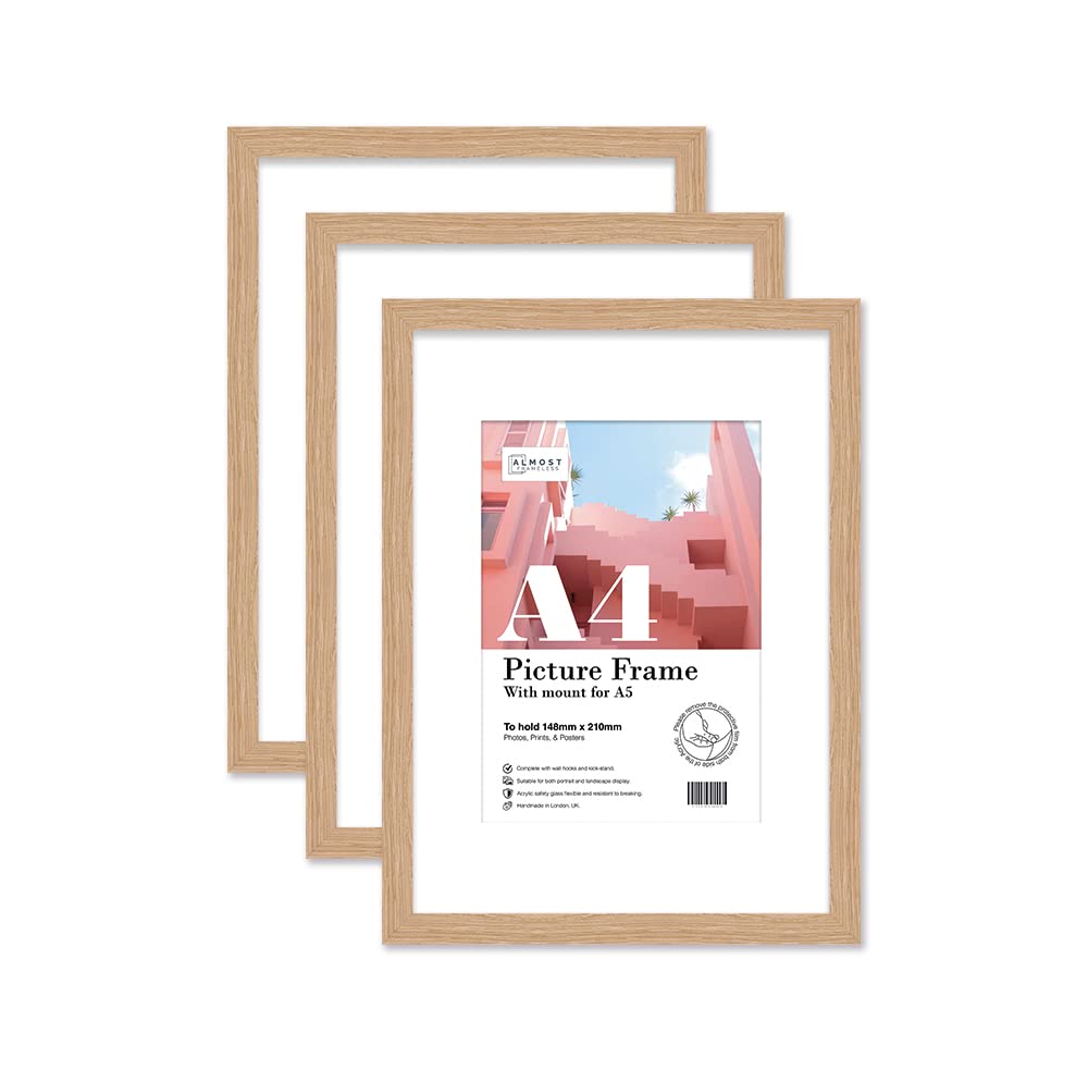 Almost Frameless A4 Oak Picture Frame Set of 3, Display A5 Pictures with Mount or A5 Without Mount Gallery Wall, Poster, Photo, Artwork, or Print, Oak