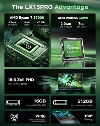 ACEMAGIC Laptop Computer - 2025 Neueste 15.6 Zoll FHD Display Laptop mit AMD Ryzen 7 5700U Prozessor bis zu 4.3GHz, 16GB Ram DDR4 512GB NVMe PCIe 3.0 SSD Notebook, Leichtgewicht – Bild 3