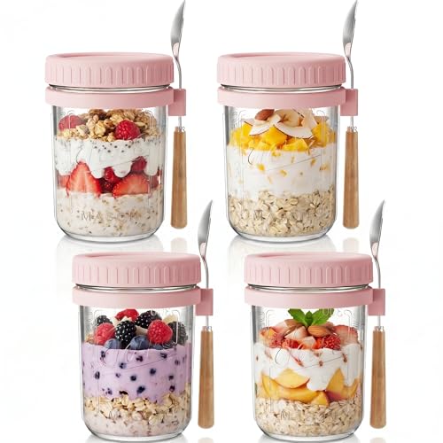 Image of 16oz Glass Overnight Oats Containers with Lids and Spoons, 4 Pack Pink