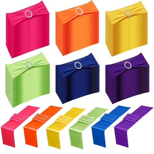 Newwiee 108 Pcs Spandex Chair Sashes Bows with Buckle Baby Shower Stretch Chair Elastic Bands Ties for Wedding Fiesta Party Banquet Hotel Events Ceremony Birthday Decoration (Multicolor)