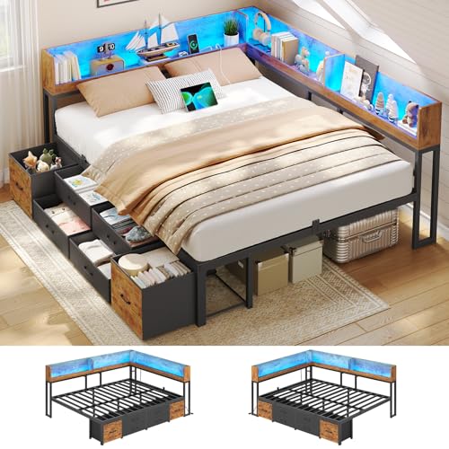 Bett 140x200 mit Stauraum Schlafsofa mit Integriertem Bücherregal & 6 Schubladen,Jugendbett mit LED-Beleuchtung & Ladestation Gästebett Tagesbett Bettgestell mit Lattenrost(Vintage Braun, 140x200cm)